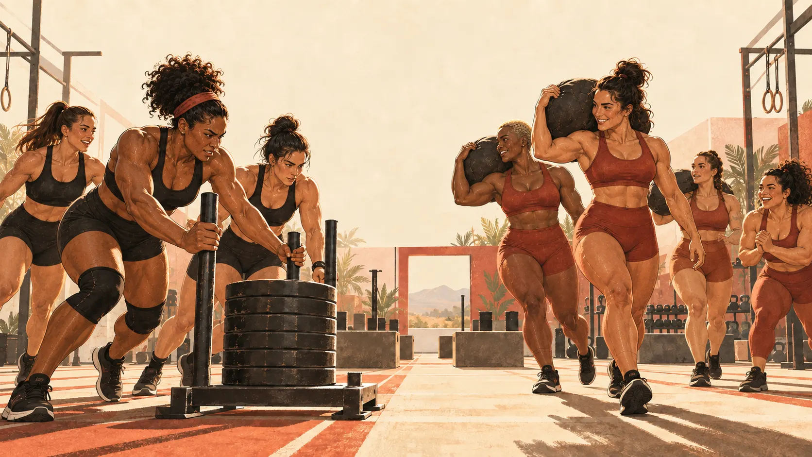 Mulheres treinadas participam de um desafio de força